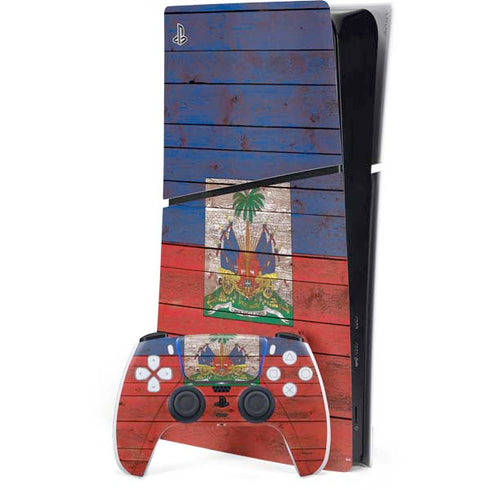 Haiti Flag Dark Wood PS5 Slim Digital Edition Console Skin